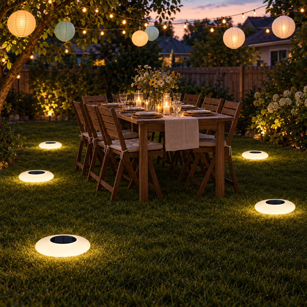 Isla glowing orb lights at a backyard party