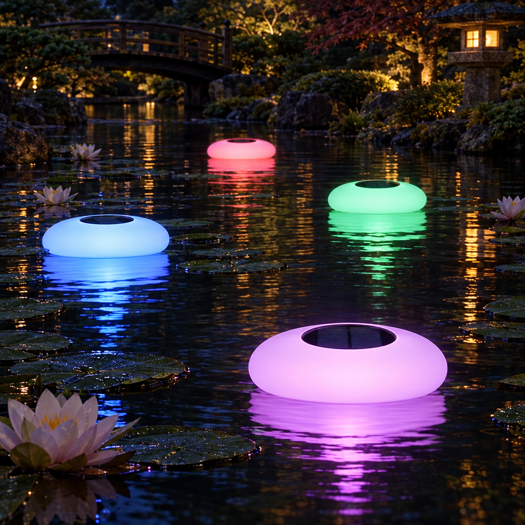 Isla floating orb lights on a Japanese garden lily pond
