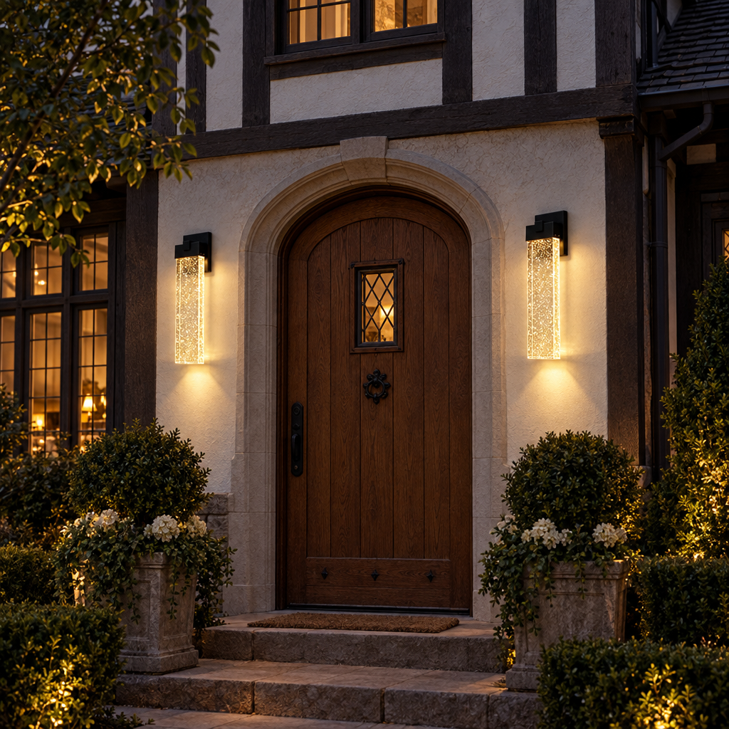 Bolla seeded crystal wall lights at a Tudor home door