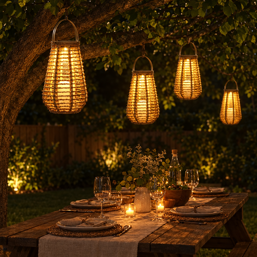 Cesta rattan lanterns over a backyard picnic table