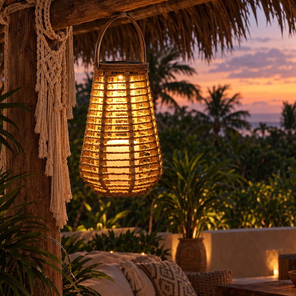 Cesta rattan lantern on a Tulum jungle villa terrace