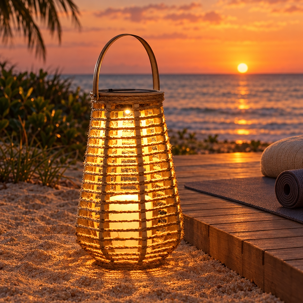 Cesta rattan lantern by a beach yoga deck