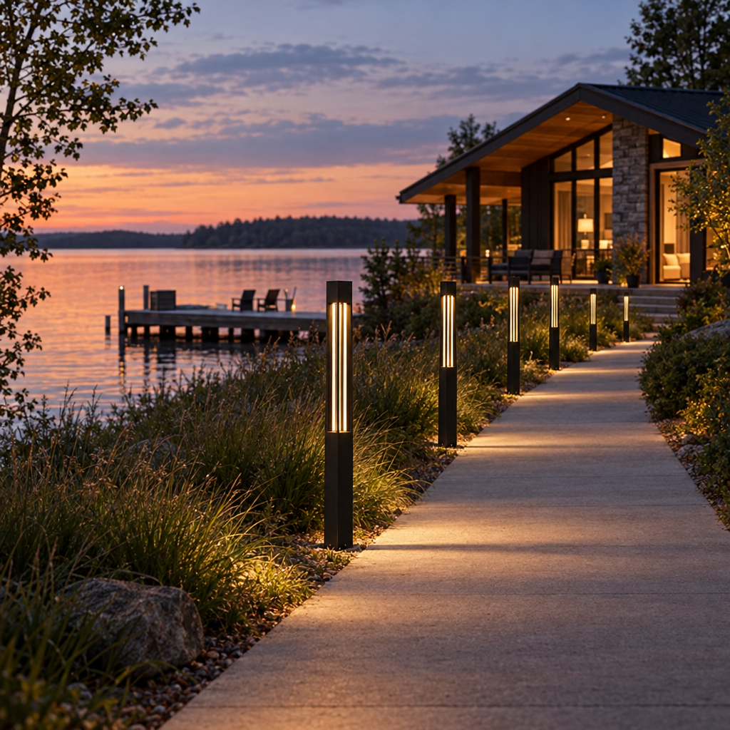 Sentiero bollard lights on a lakefront cottage walkway