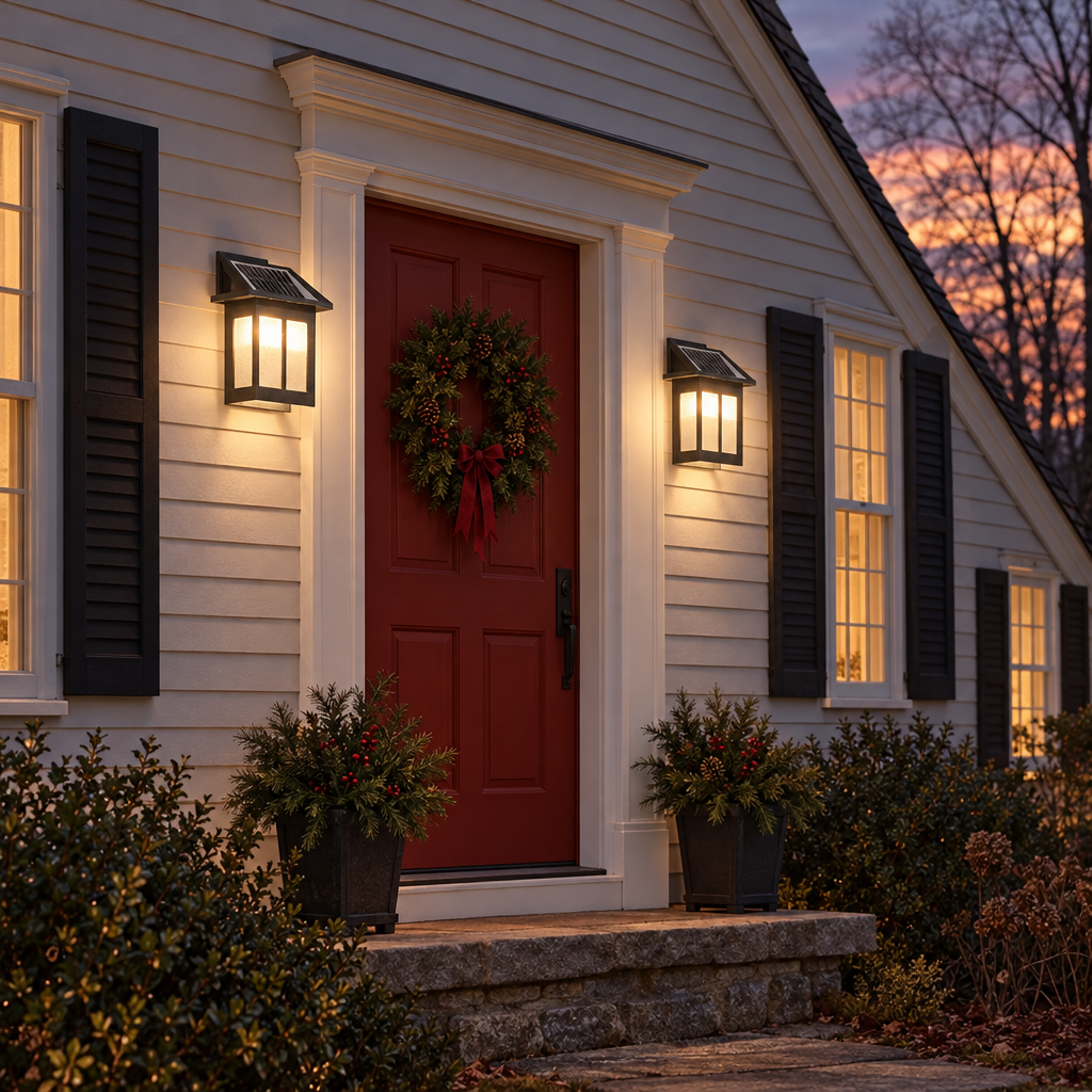 Lanterna lantern sconces flanking a colonial red door