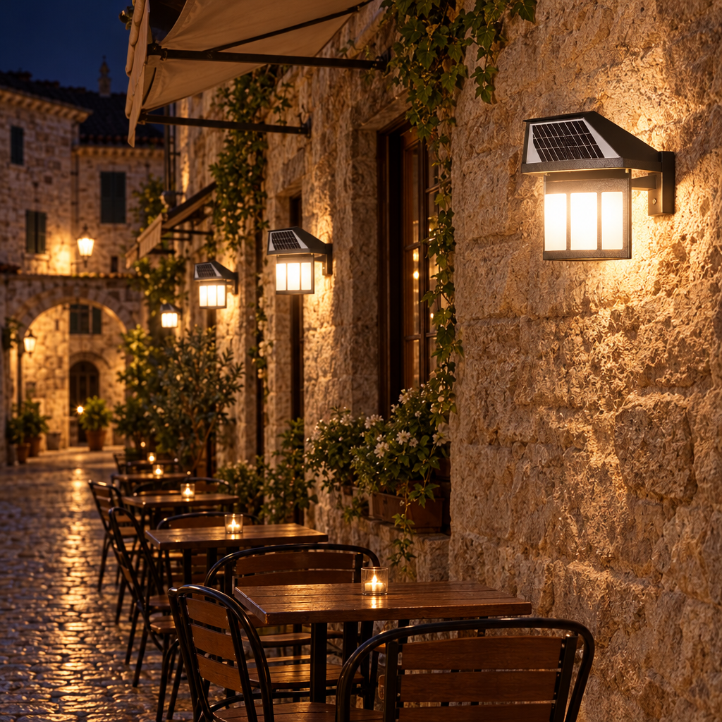 Lanterna sconces in a European cobblestone alley cafe