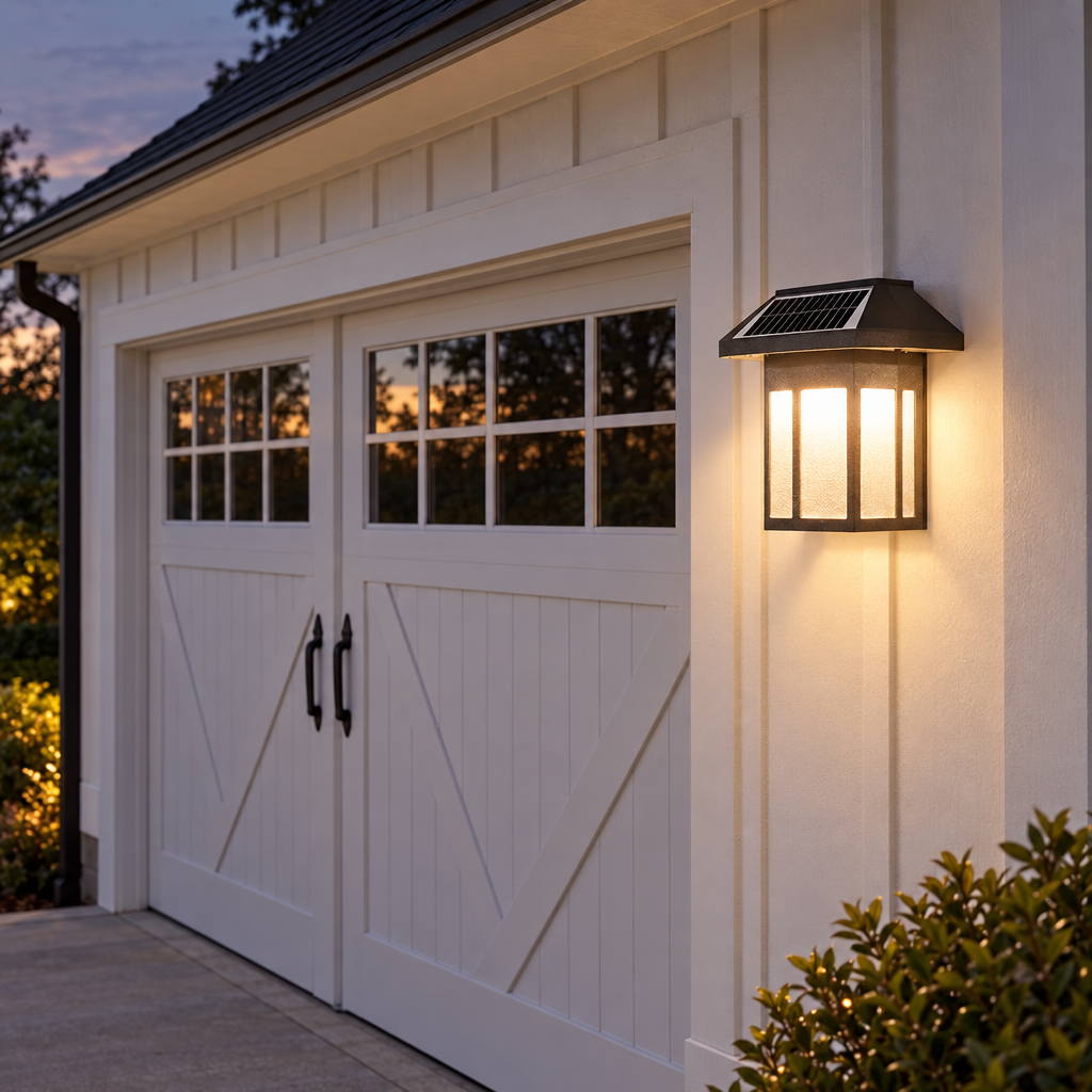 Lanterna sconce on a carriage-door garage