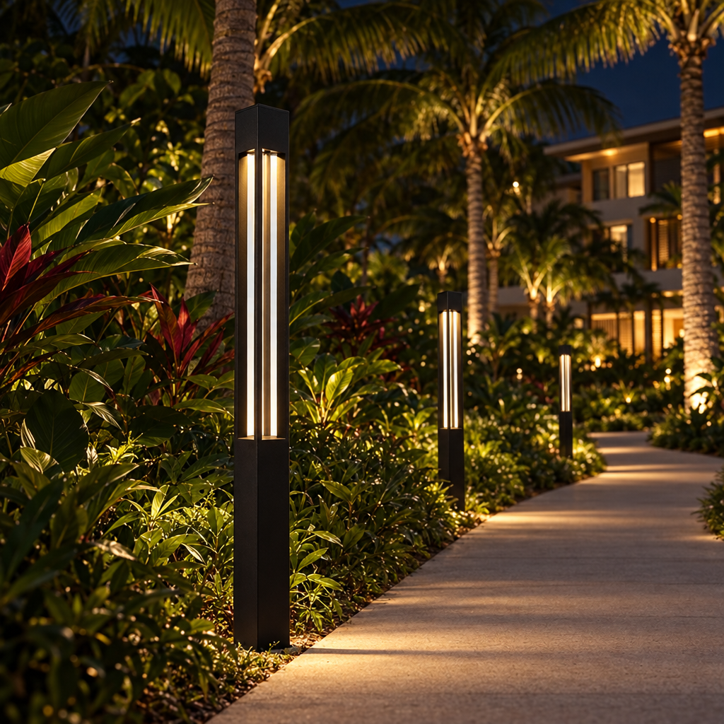 Sentiero bollard lights on a tropical hotel garden path