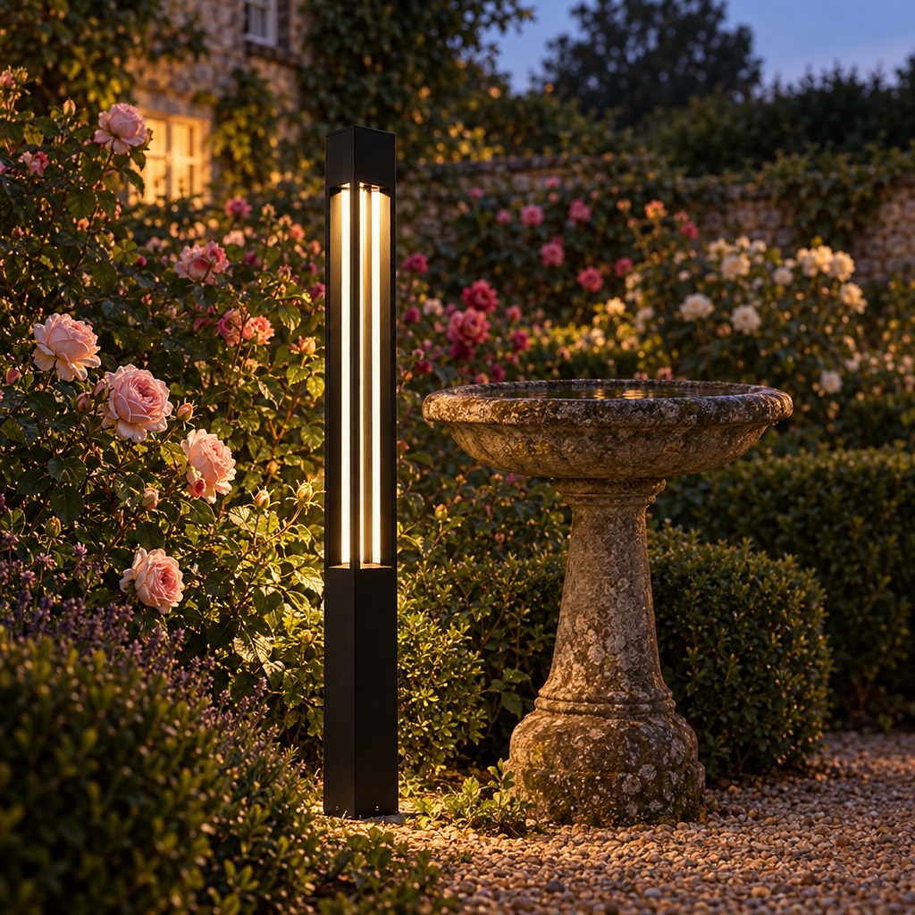 Sentiero bollard light in an English rose garden