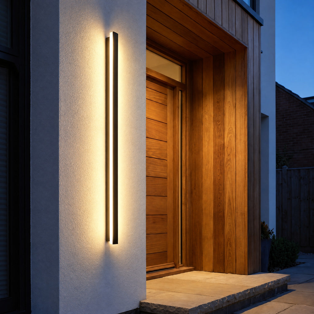 Lumea wall light beside a timber front door at dusk
