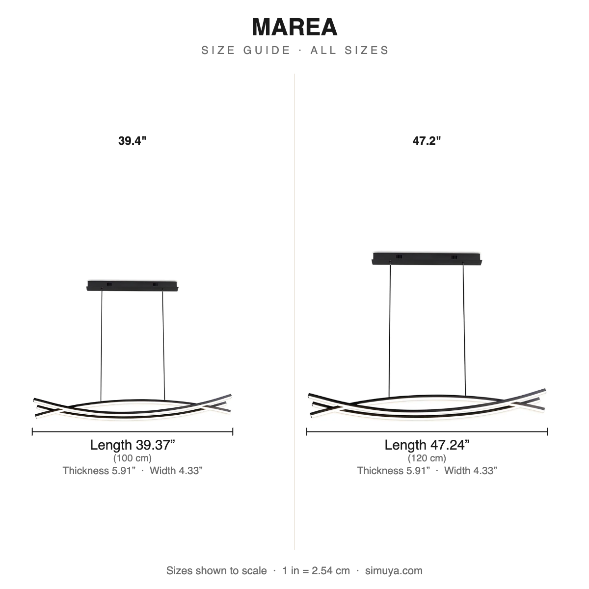 Marea Wavy LED Pendant Light Modern size chart all sizes with dimensions