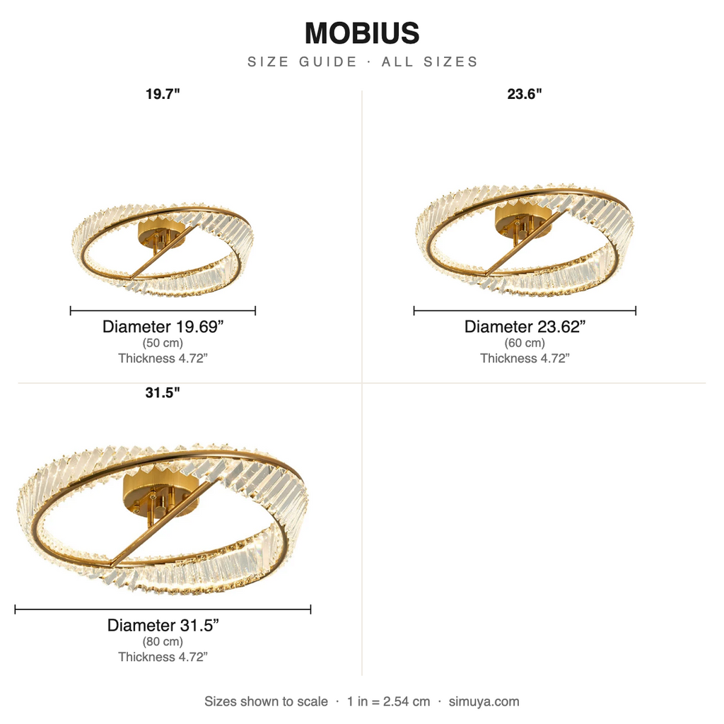 Mobius Gold Ring Crystal Flush Mount size chart all sizes with dimensions