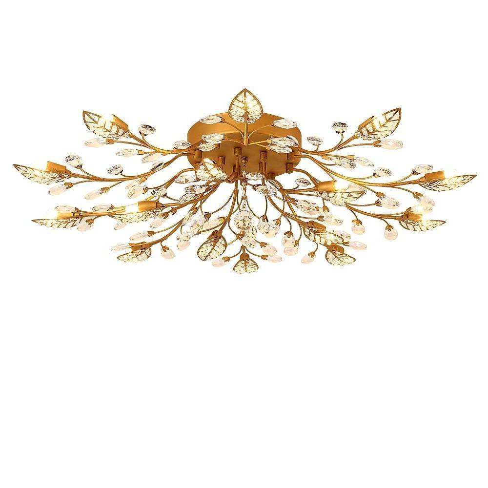 Fiora Brass Branch Crystal Chandelier with Leaf Design for Dining and Living Rooms