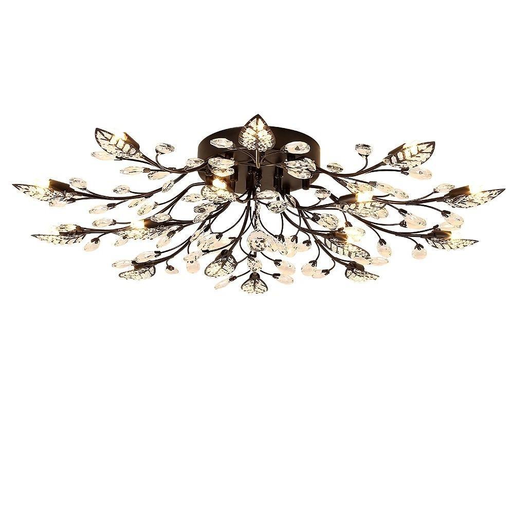 Fiora Brass Branch Crystal Chandelier with Leaf Design for Dining and Living Rooms