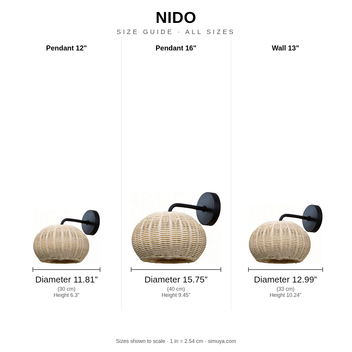 Nido size guide, all sizes shown to scale with dimensions