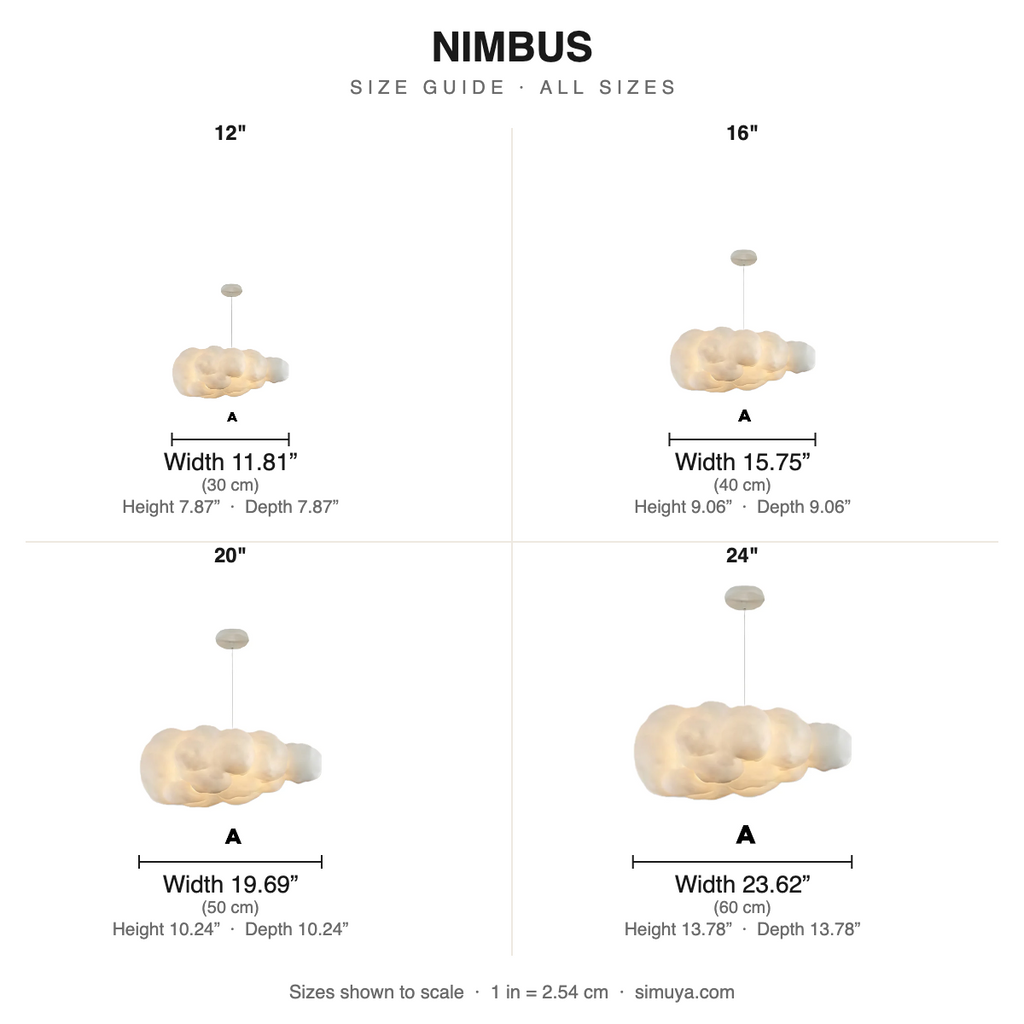 Nimbus Cloud Pendant Light Modern Fabric size chart all sizes with dimensions