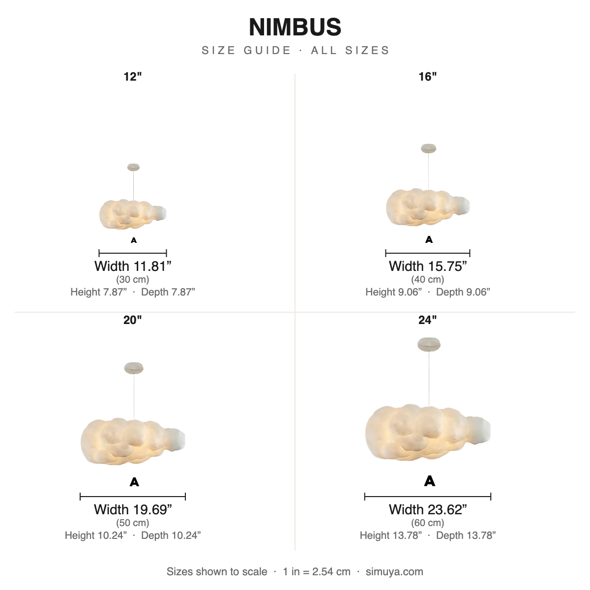 Nimbus Cloud Pendant Light Modern Fabric size chart all sizes with dimensions