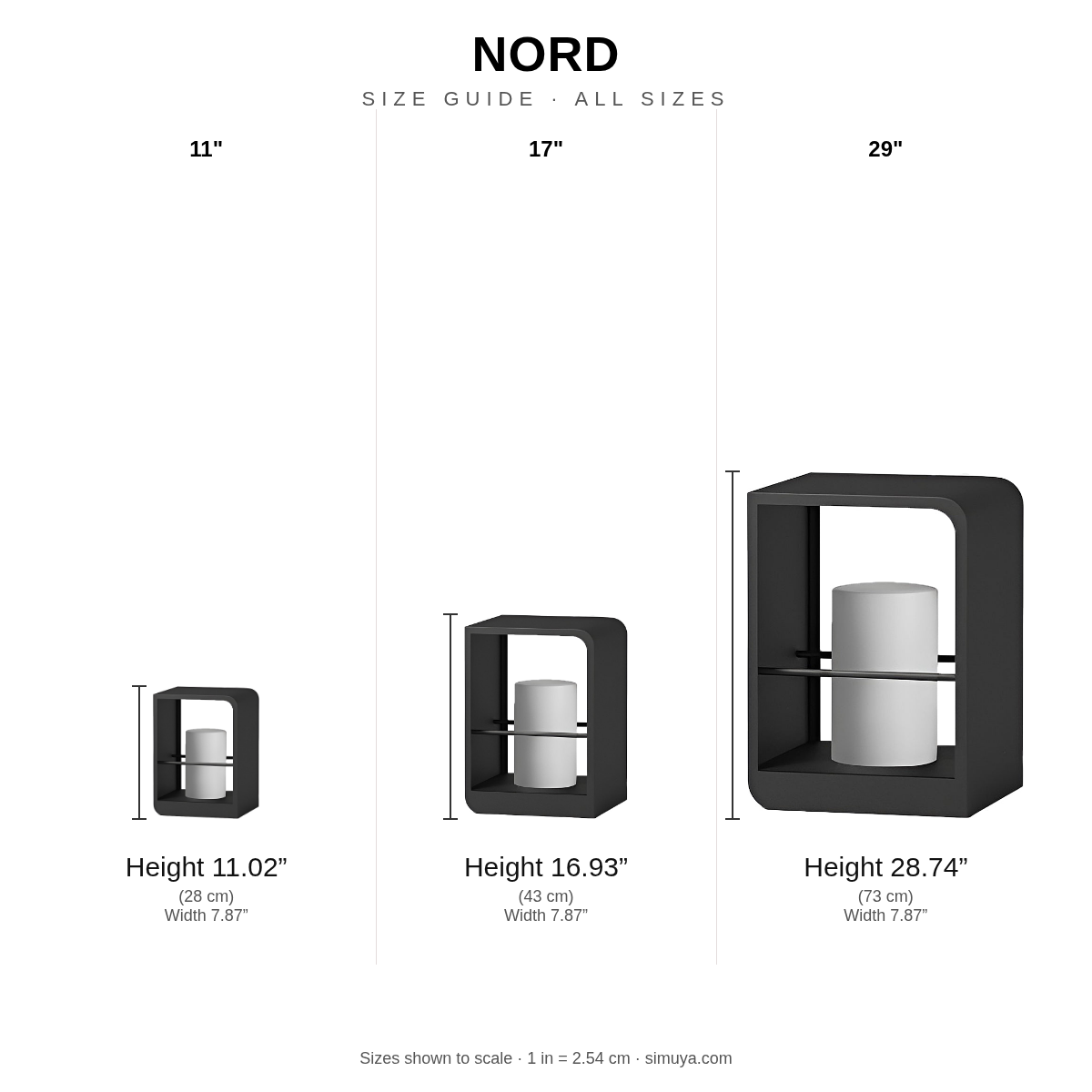 Nord size guide, all sizes shown to scale with dimensions