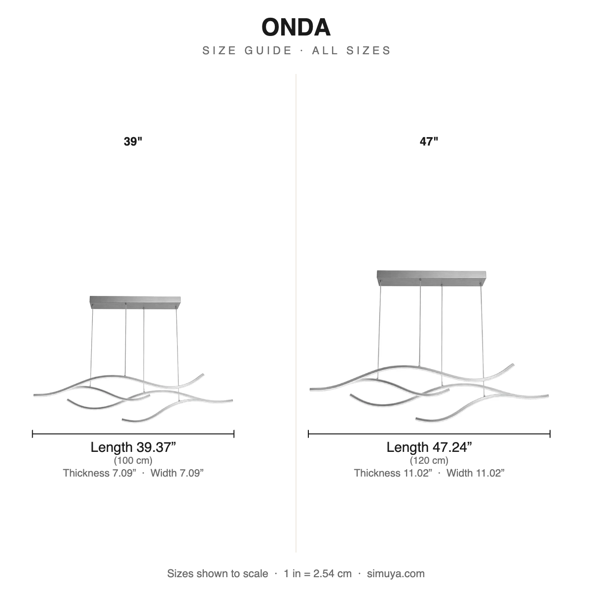 Onda Modern Wavy LED Linear Pendant size chart all sizes with dimensions