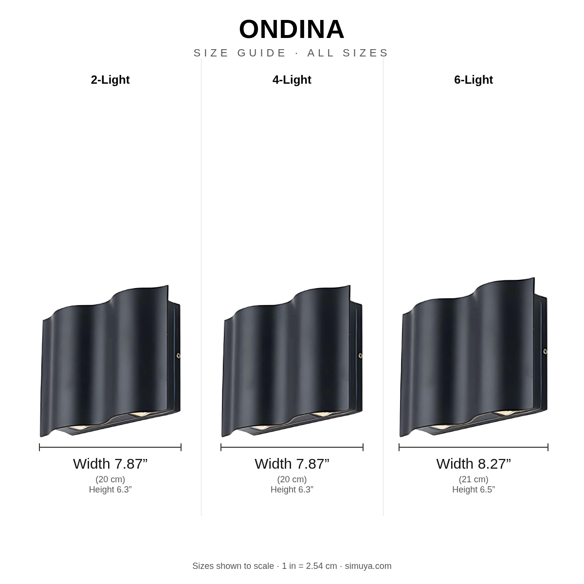 Ondina size guide, all sizes shown to scale with dimensions