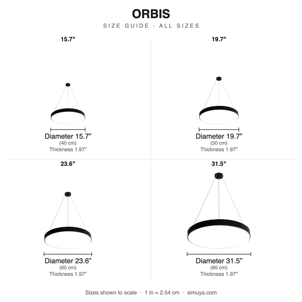 Orbis Modern LED Ring Pendant Light size chart all sizes with dimensions