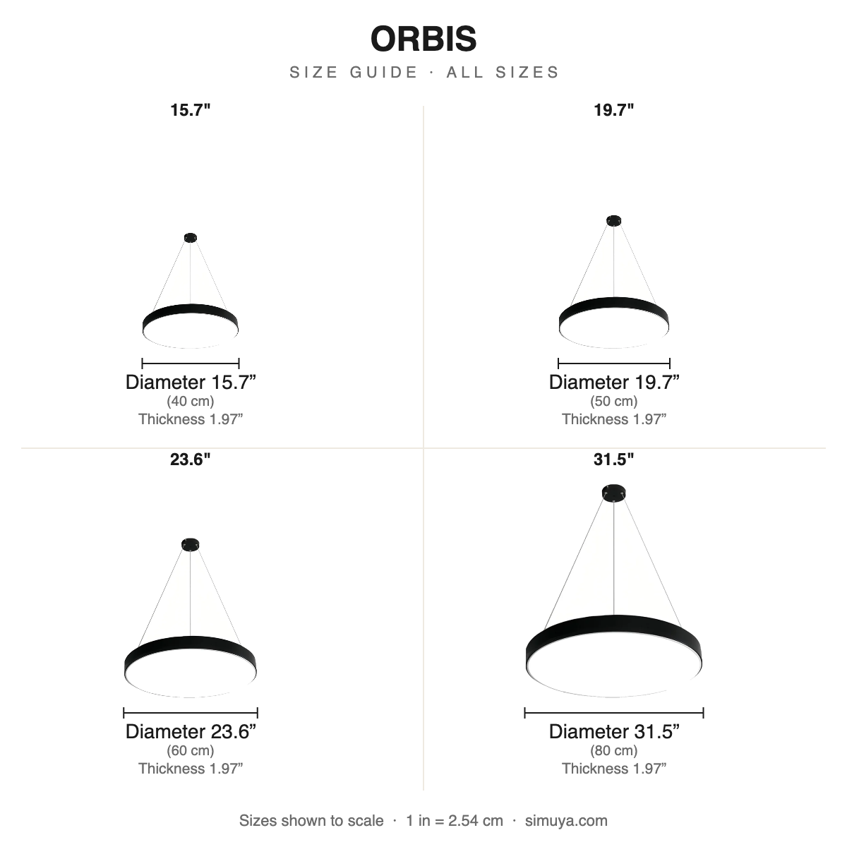 Orbis Modern LED Ring Pendant Light size chart all sizes with dimensions
