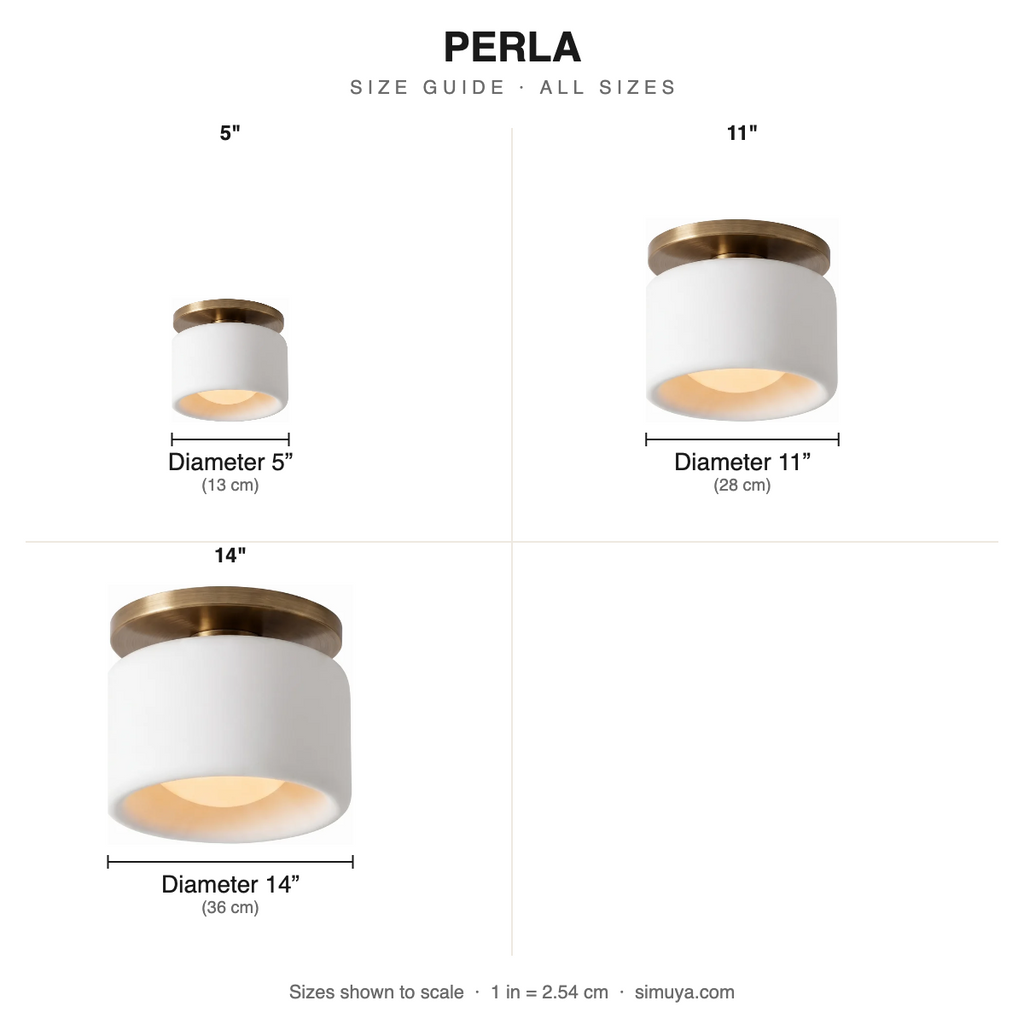 Perla Pearl Finish Low Profile Flush size chart all sizes with dimensions