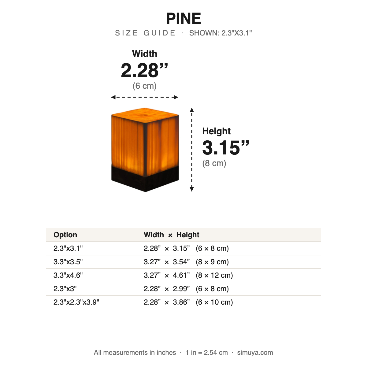 Pine Wood Cube Night Light Cordless size guide with dimensions