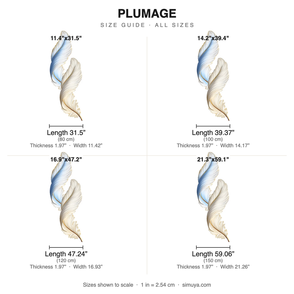 Plumage Backlit Feather Wall Decor Light size chart all sizes with dimensions