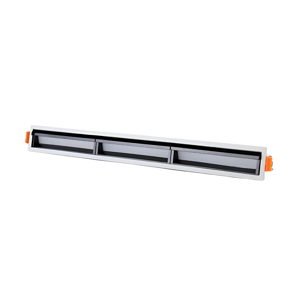 Rail recessed linear light fixture multi section