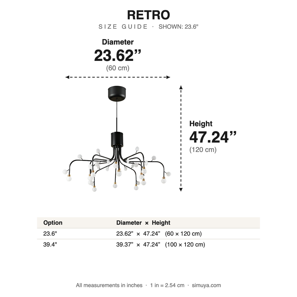Retro Modern Adjustable Chandelier Iron and size guide with dimensions