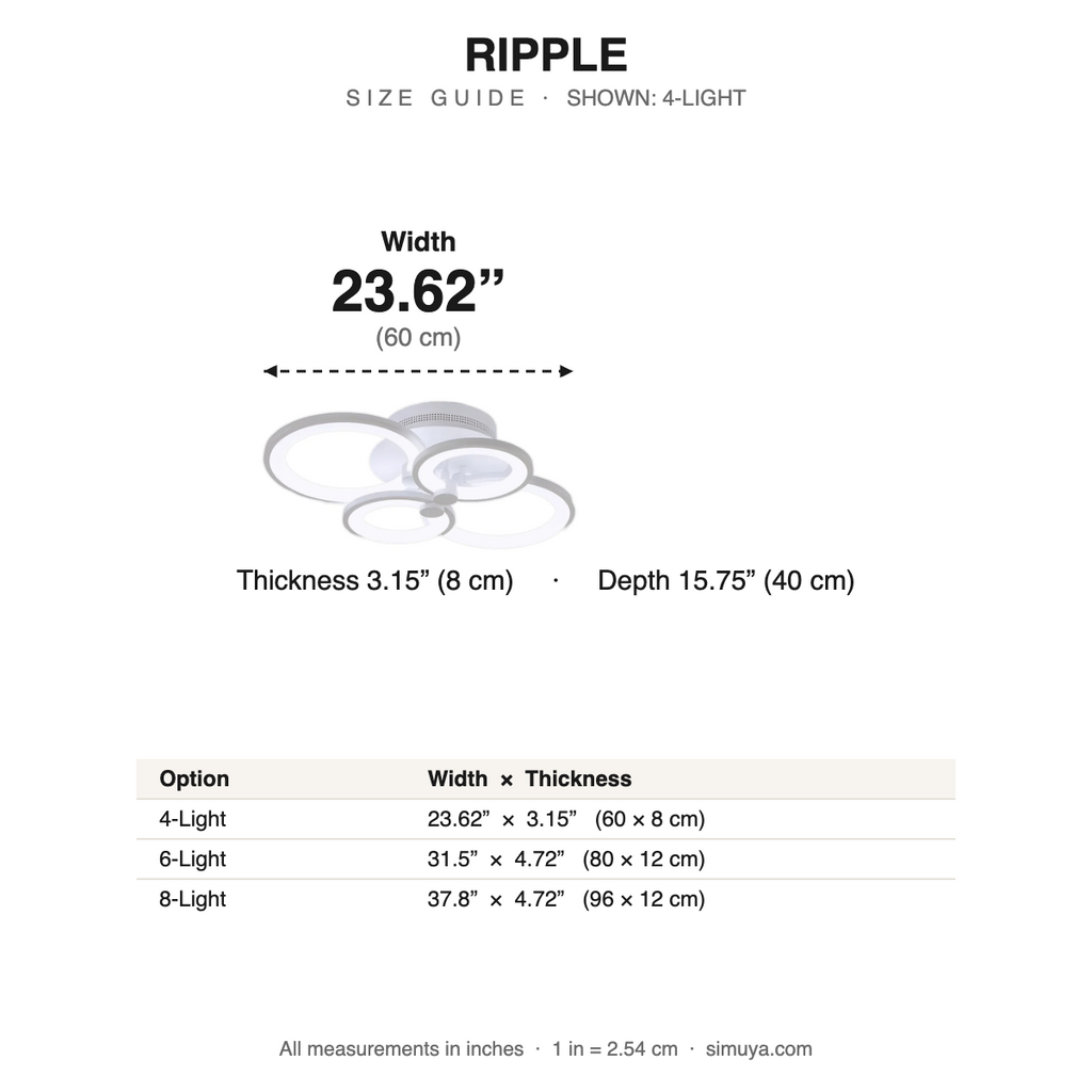 Ripple Overlapping Ring LED Ceiling Light size guide with dimensions