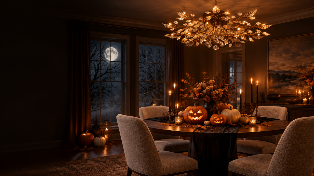 Brass crystal chandelier glowing over a Halloween dining table with carved pumpkins and candles