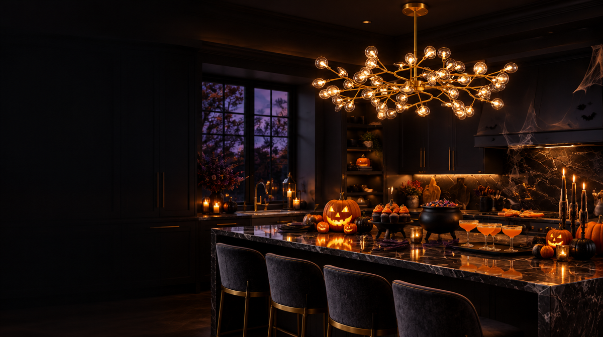 Brass firefly chandelier glowing over a kitchen island set for a Halloween party
