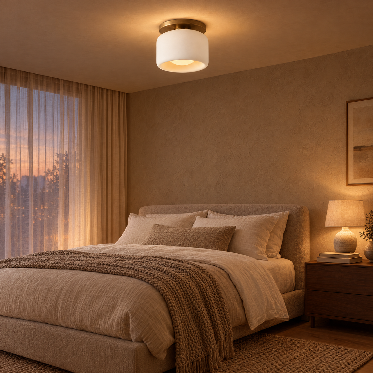 Cozy modern bedroom lit by a low-profile flush mount ceiling light