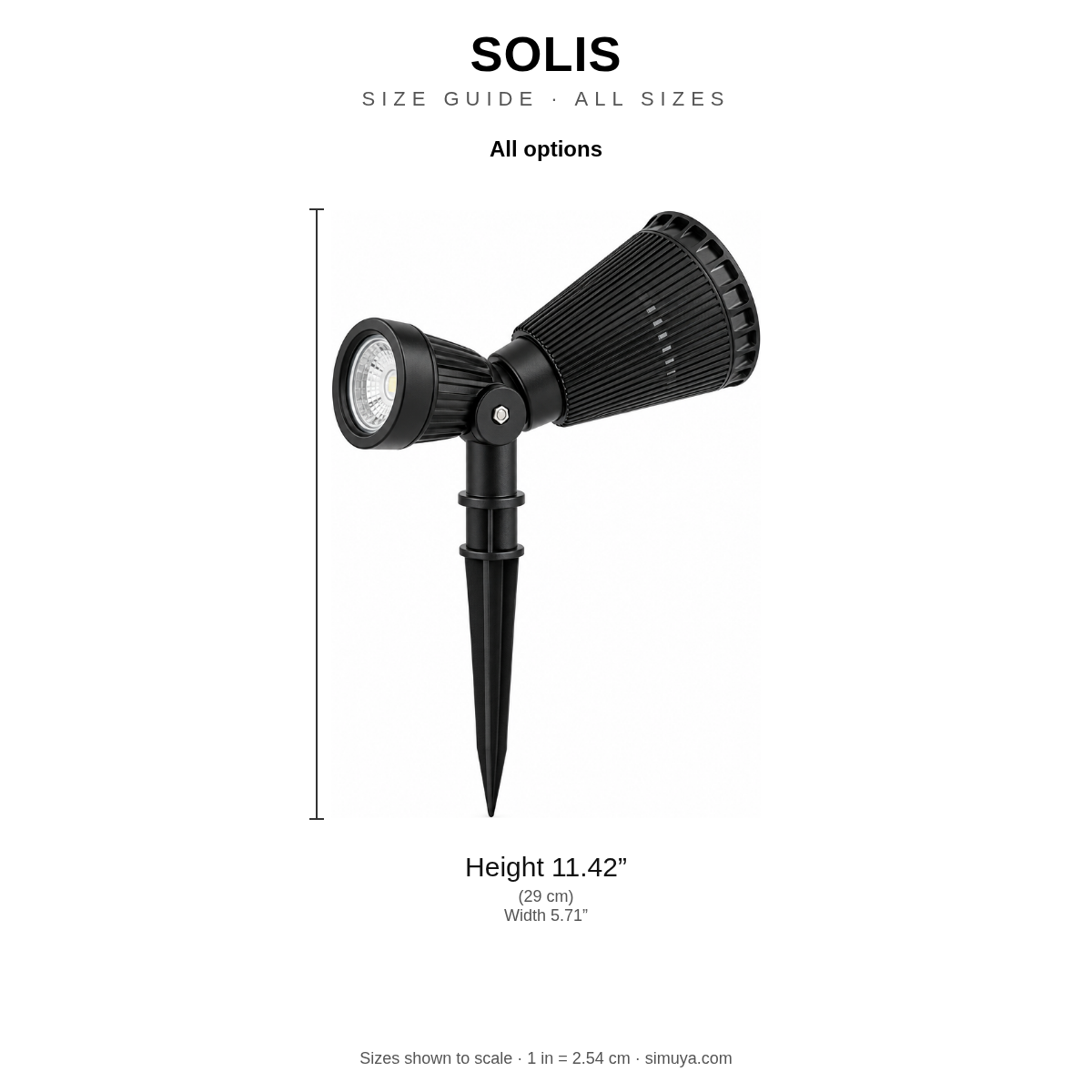 Solis size guide, all sizes shown to scale with dimensions