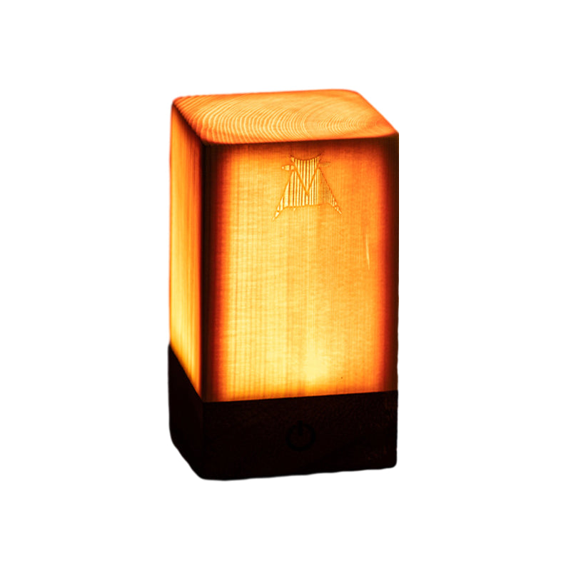 Pine Wood Cube Night Light Cordless LED Touch Lamp with Dimmable Glow