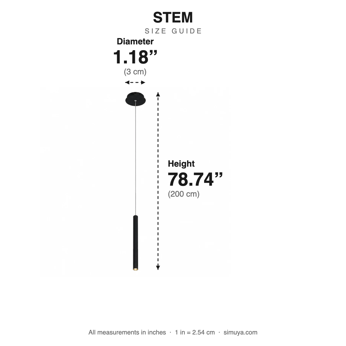 Stem Thin Cylinder Pendant Light size guide with dimensions