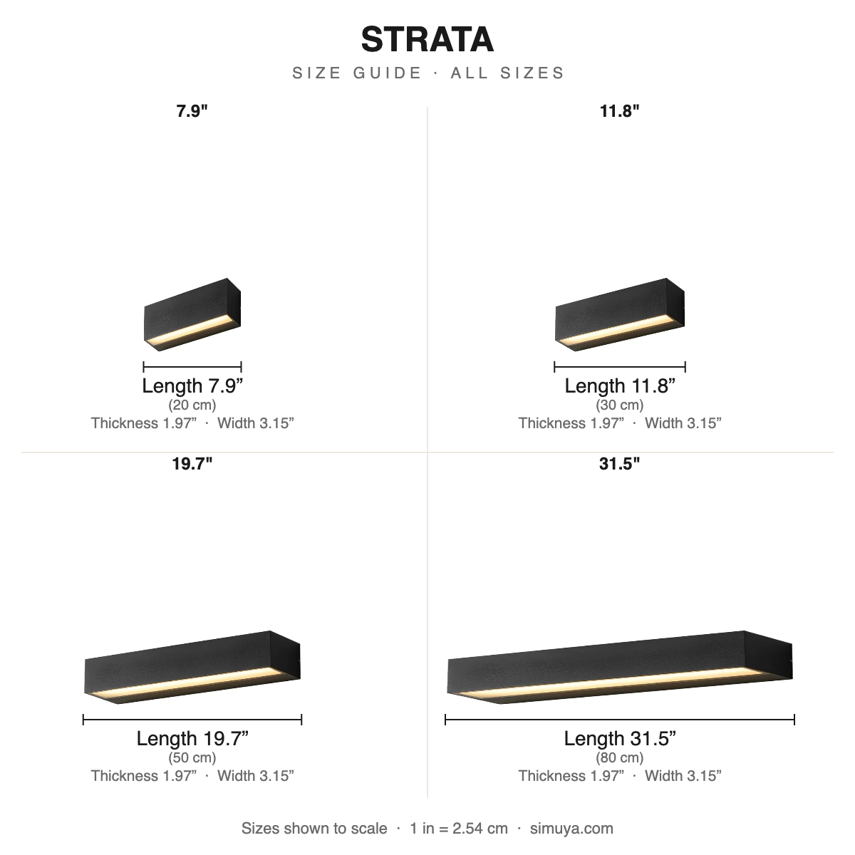 Strata Modern Linear LED Outdoor Wall size chart all sizes with dimensions