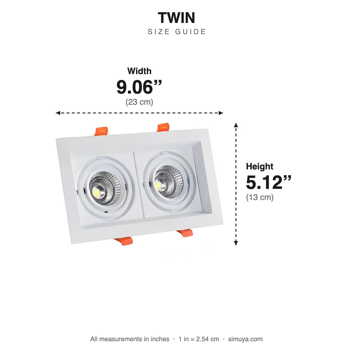 Twin Adjustable Recessed Spotlight Rectangular Double size guide with dimensions