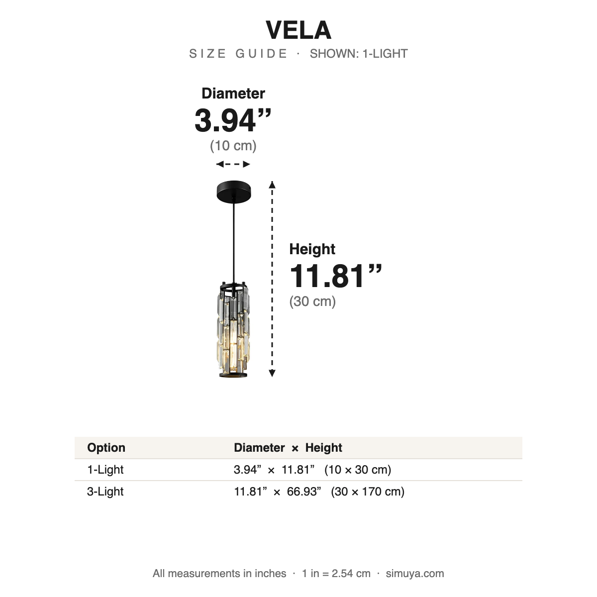 Vela Mini Crystal Pendant Light Glass size guide with dimensions
